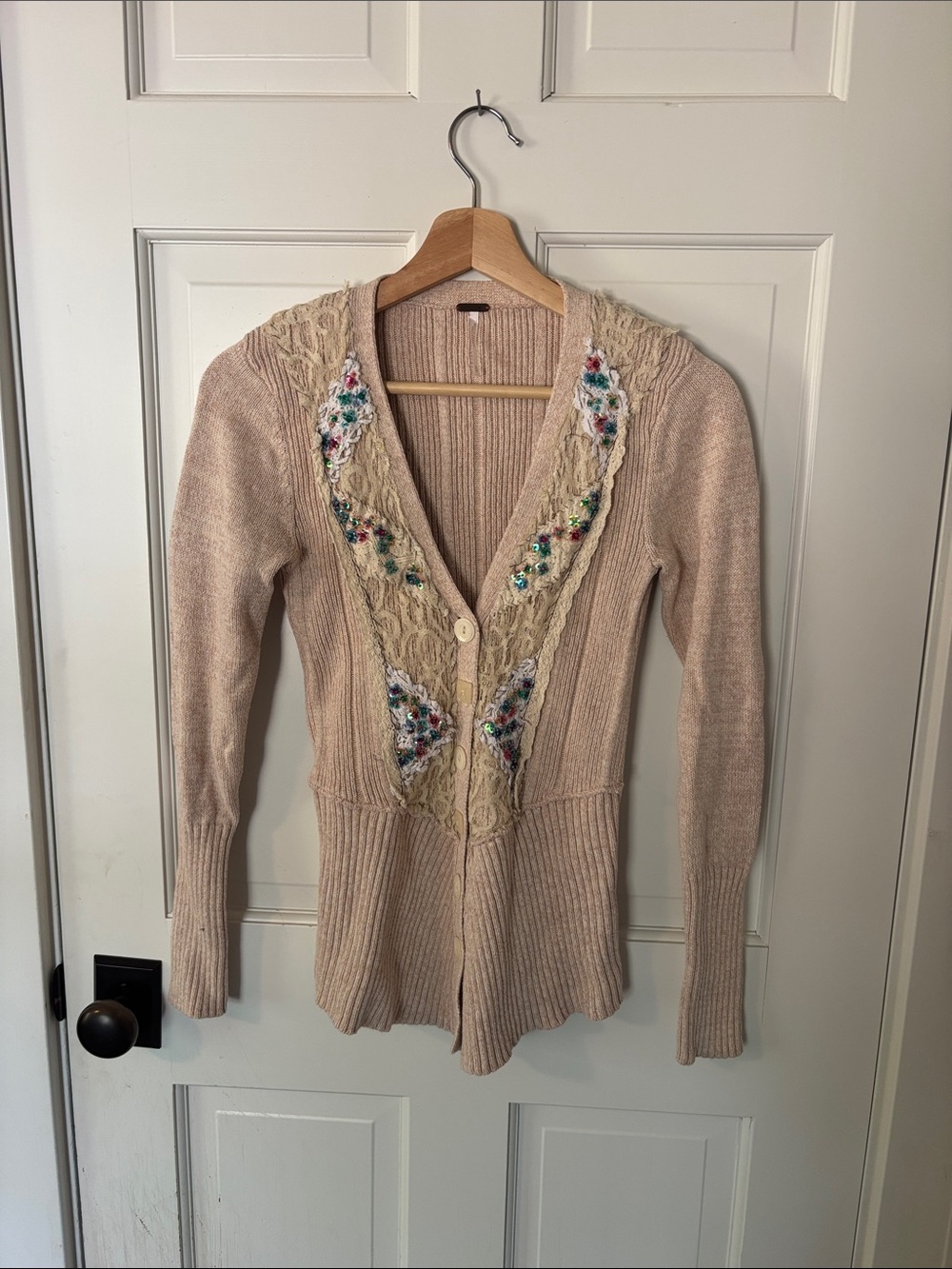 Free People Beige Embellished V-Neck Cardigan